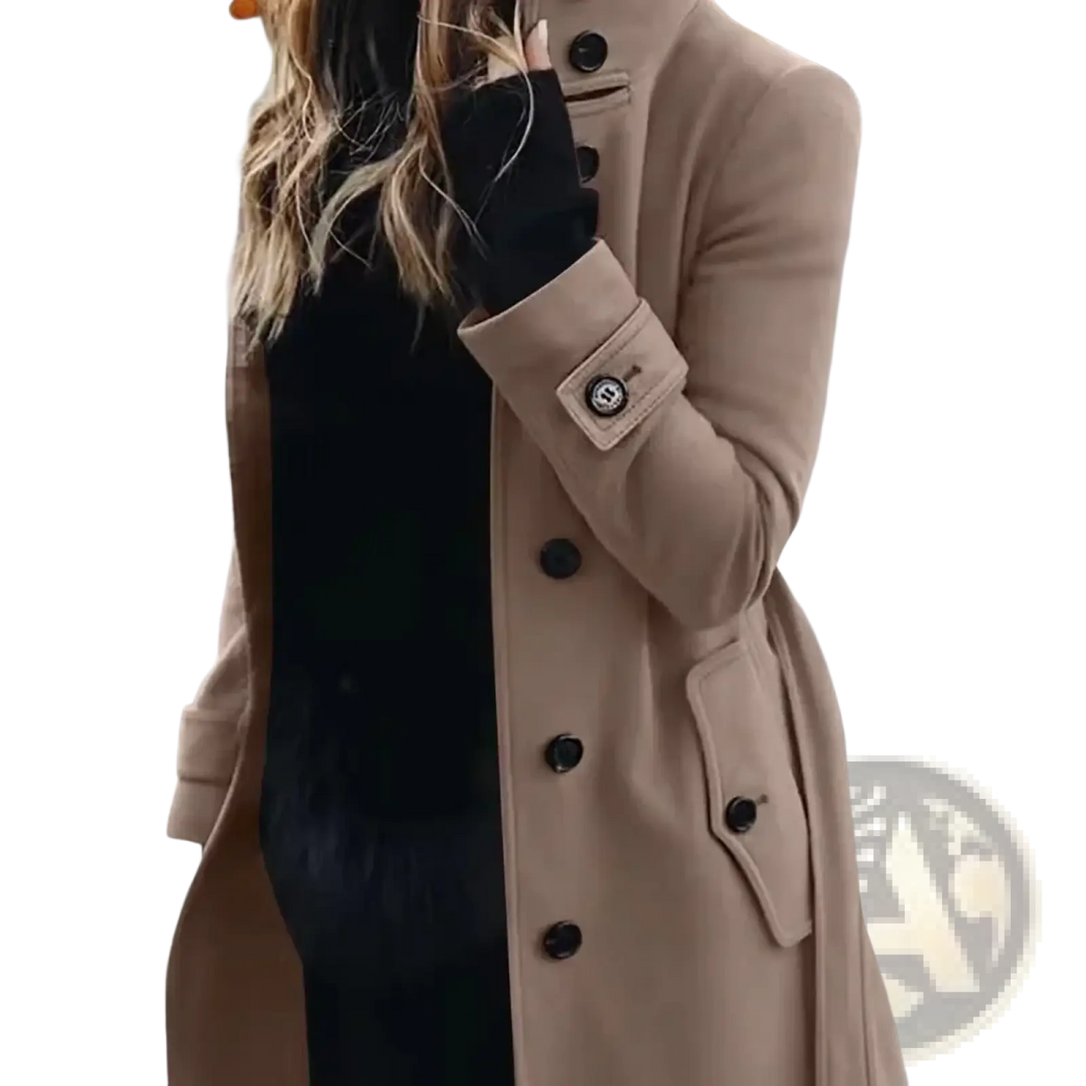 Beige woolen trench coat with black buttons and a subtle logo patch on the cuff for casual winter outerwear