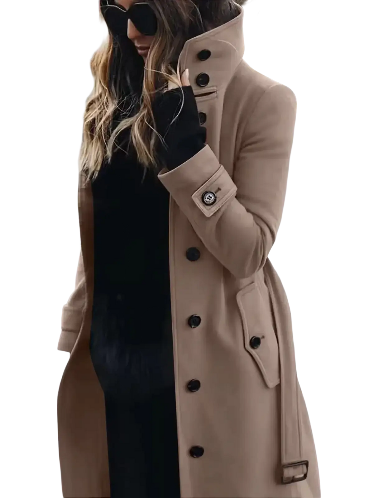Beige woolen trench coat for women with black buttons and belted waist casual winter outerwear