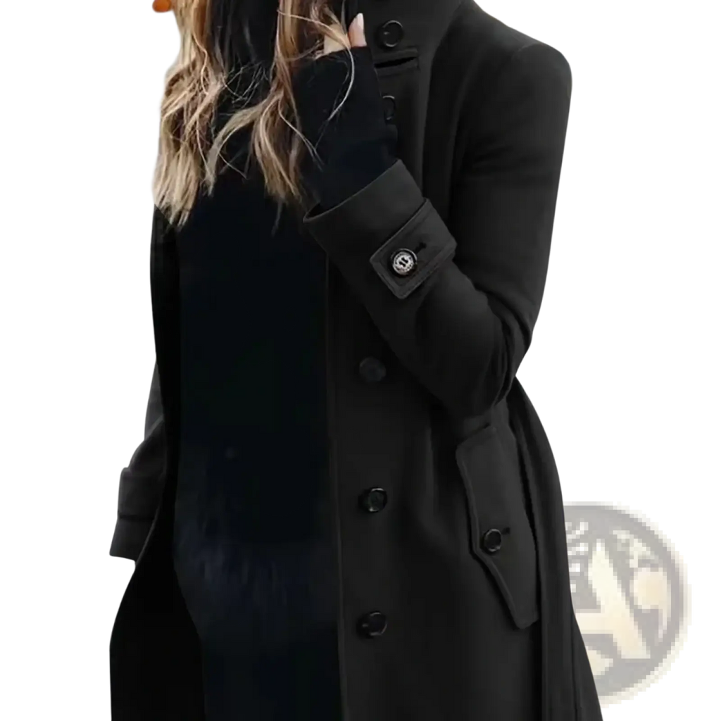 Black woolen double-breasted trench coat with buttoned cuffs and subtle logo emblem for casual winter outerwear
