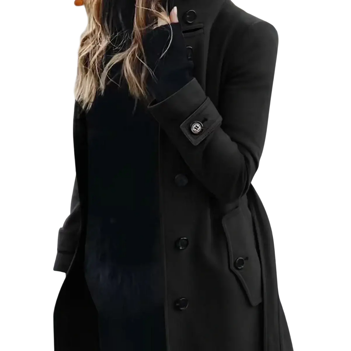 Black woolen double-breasted trench coat with buttoned cuffs and subtle logo emblem for casual winter outerwear
