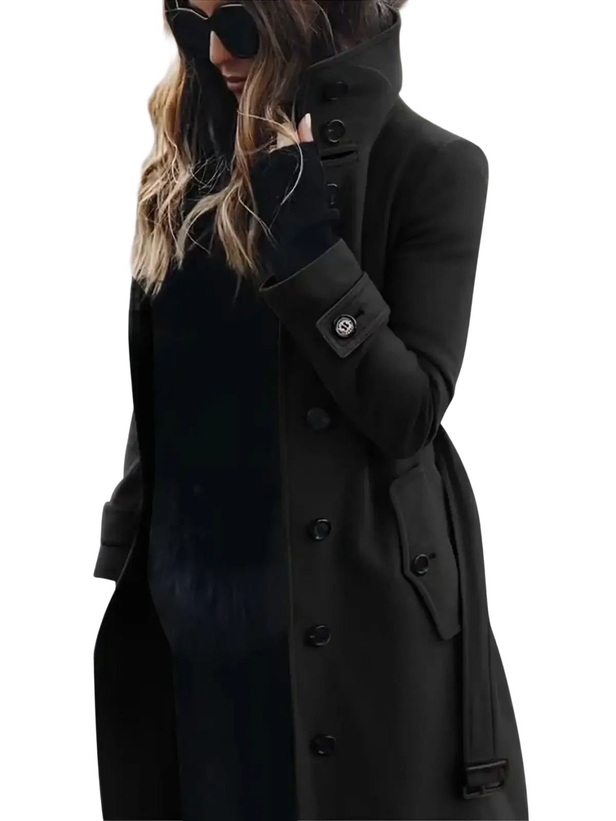 Black woolen double-breasted trench coat with buttoned cuffs and belted waist for women casual winter outerwear