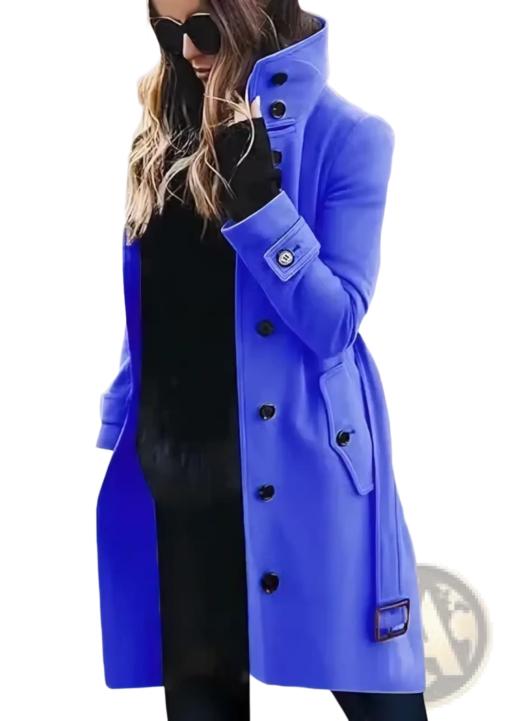 A vibrant royal blue women woolen trench coat with black buttons and matching belt buckle for casual winter outerwear