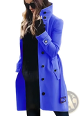 A vibrant royal blue women woolen trench coat with black buttons and matching belt buckle for casual winter outerwear