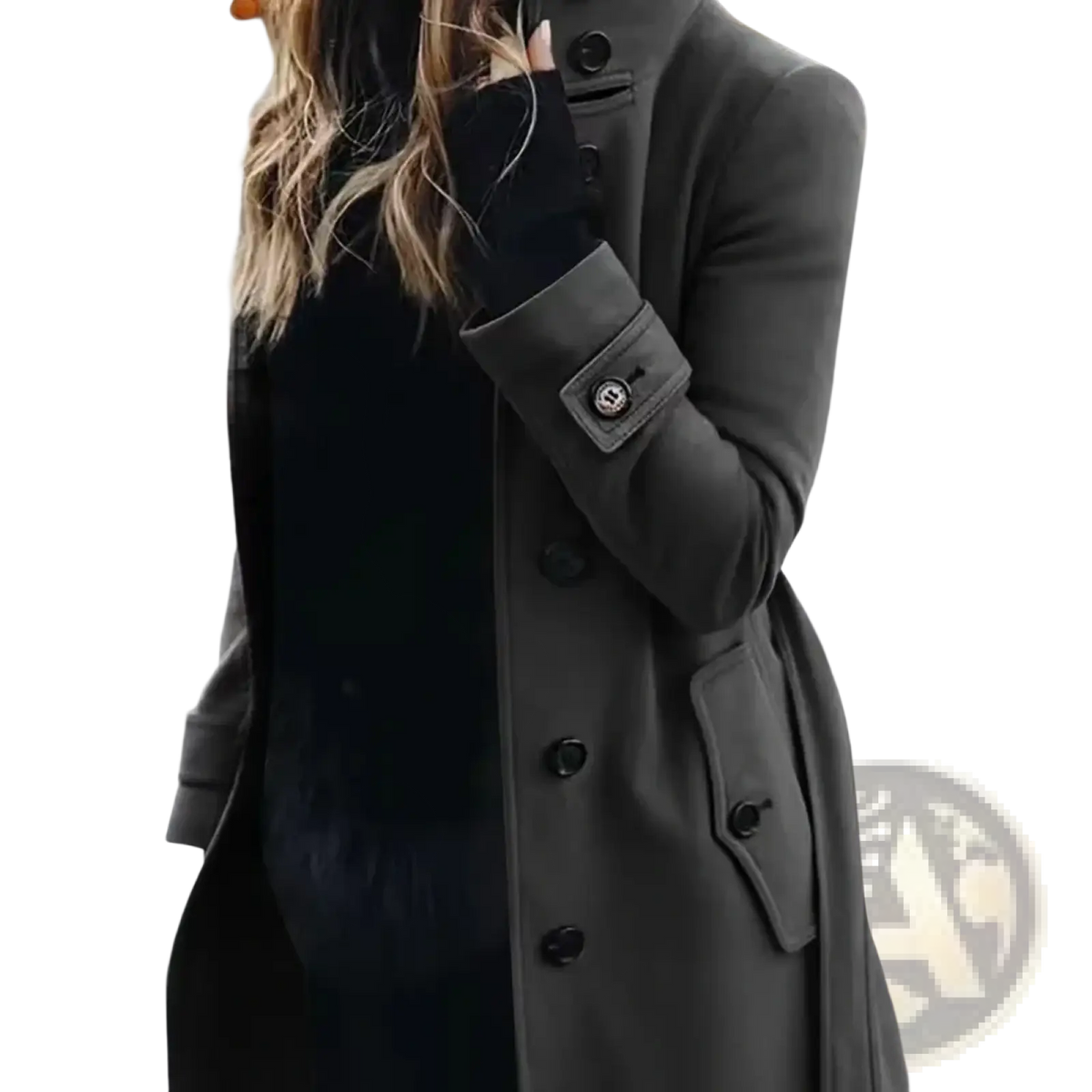 Women woolen trench coat in dark gray with black buttons and structured collar for casual winter outerwear