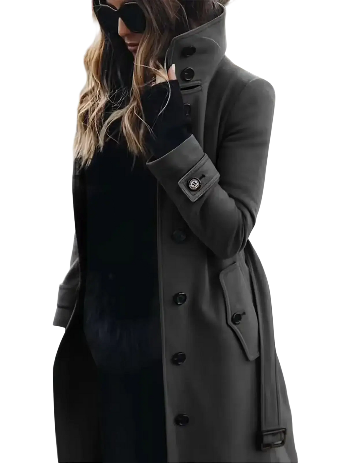 Women woolen trench coat casual winter outerwear featuring charcoal-gray wool fabric and black double-breasted buttons
