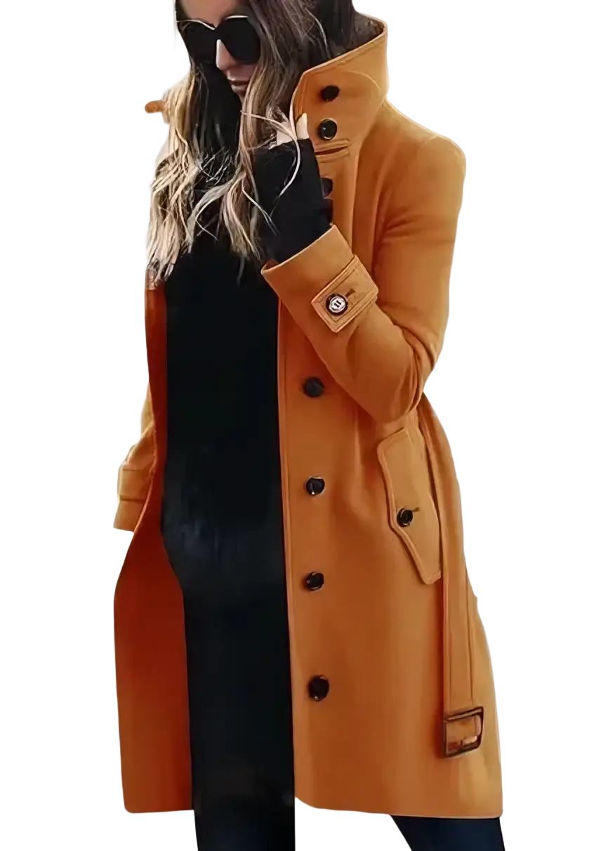 A stylish mustard yellow women woolen trench coat with black buttons and belted waist for casual winter outerwear