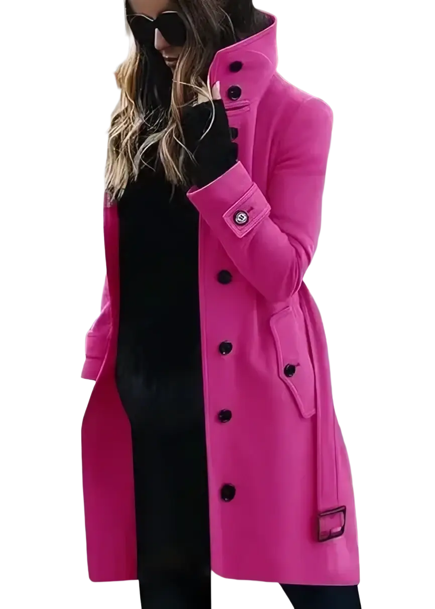 Women woolen trench coat in vibrant fuchsia with black buttons and matching belt buckle for casual winter outerwear