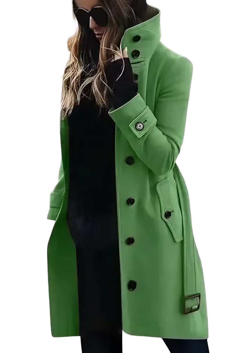 A vibrant green woolen trench coat for women with black buttons and matching belt buckle casual winter outerwear