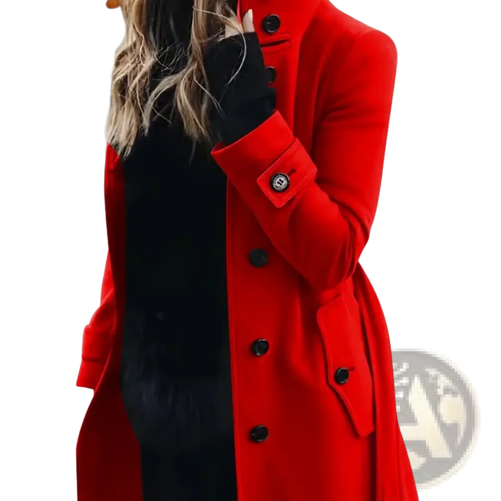 Women woolen trench coat casual winter outerwear vibrant red with black buttons and double-breasted design