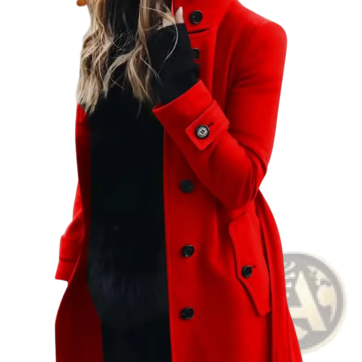 Women woolen trench coat casual winter outerwear vibrant red with black buttons and double-breasted design