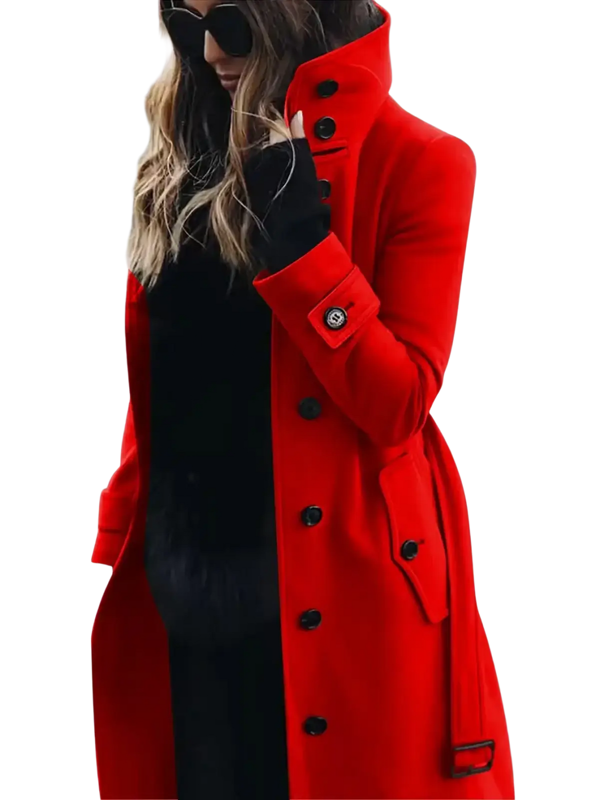 A vibrant red woolen trench coat with black buttons and belted waist for women casual winter outerwear