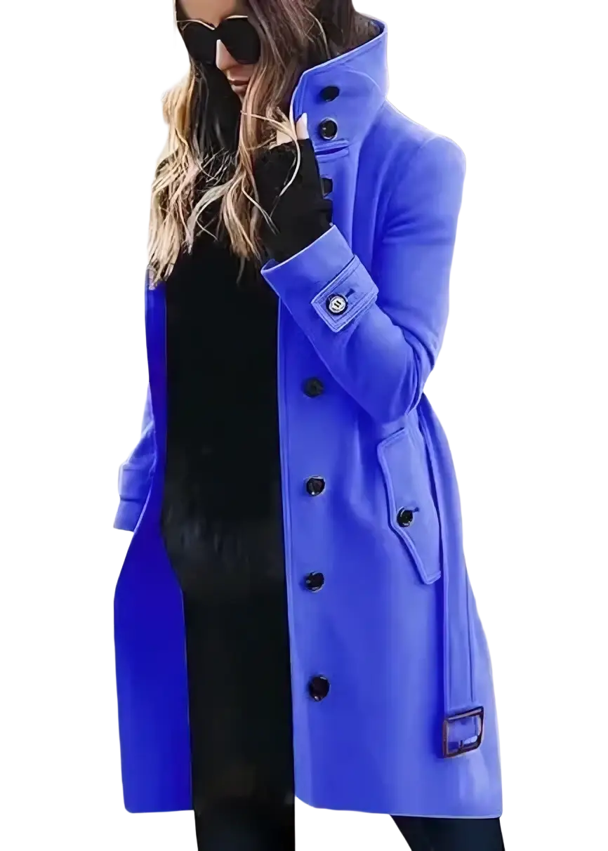 A vibrant royal blue women woolen trench coat with black buttons and matching belt buckle for casual winter outerwear