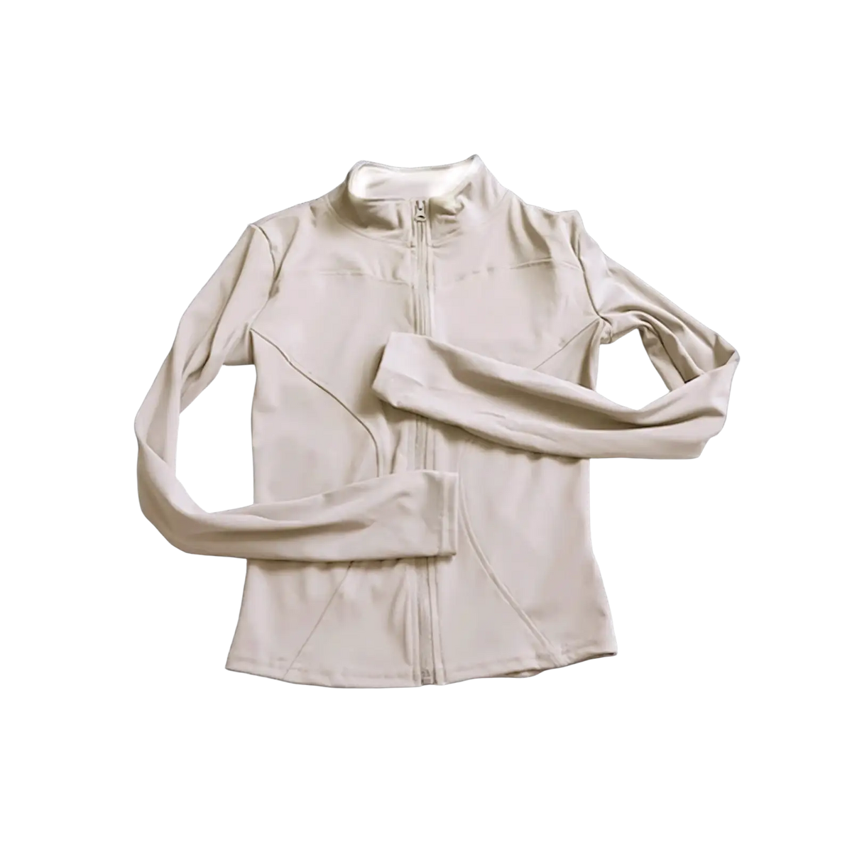 Beige long-sleeved women workout zip jacket with high collar and subtle seam detailing for activewear use