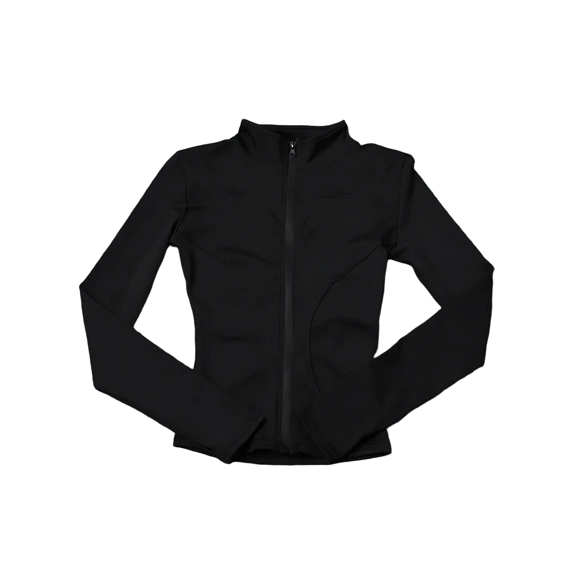 Black long-sleeved zip-up athletic jacket with sleek form-fitting design for women workout activewear