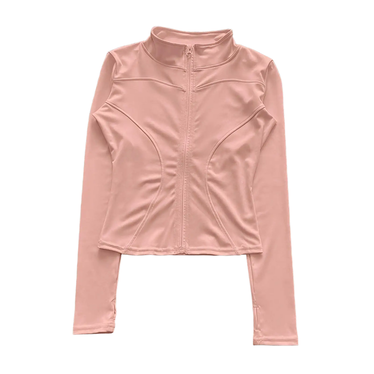 A blush pink long-sleeved women workout zip jacket with high collar and front zipper for activewear