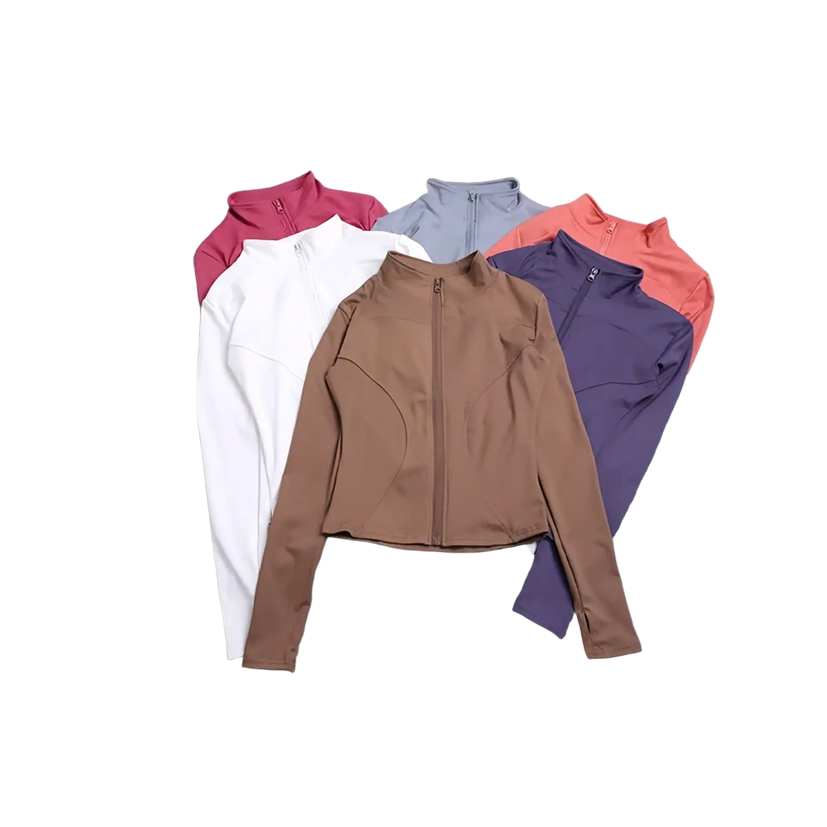 Women workout zip jacket activewear in brown with long sleeves high collar and subtle seam detailing