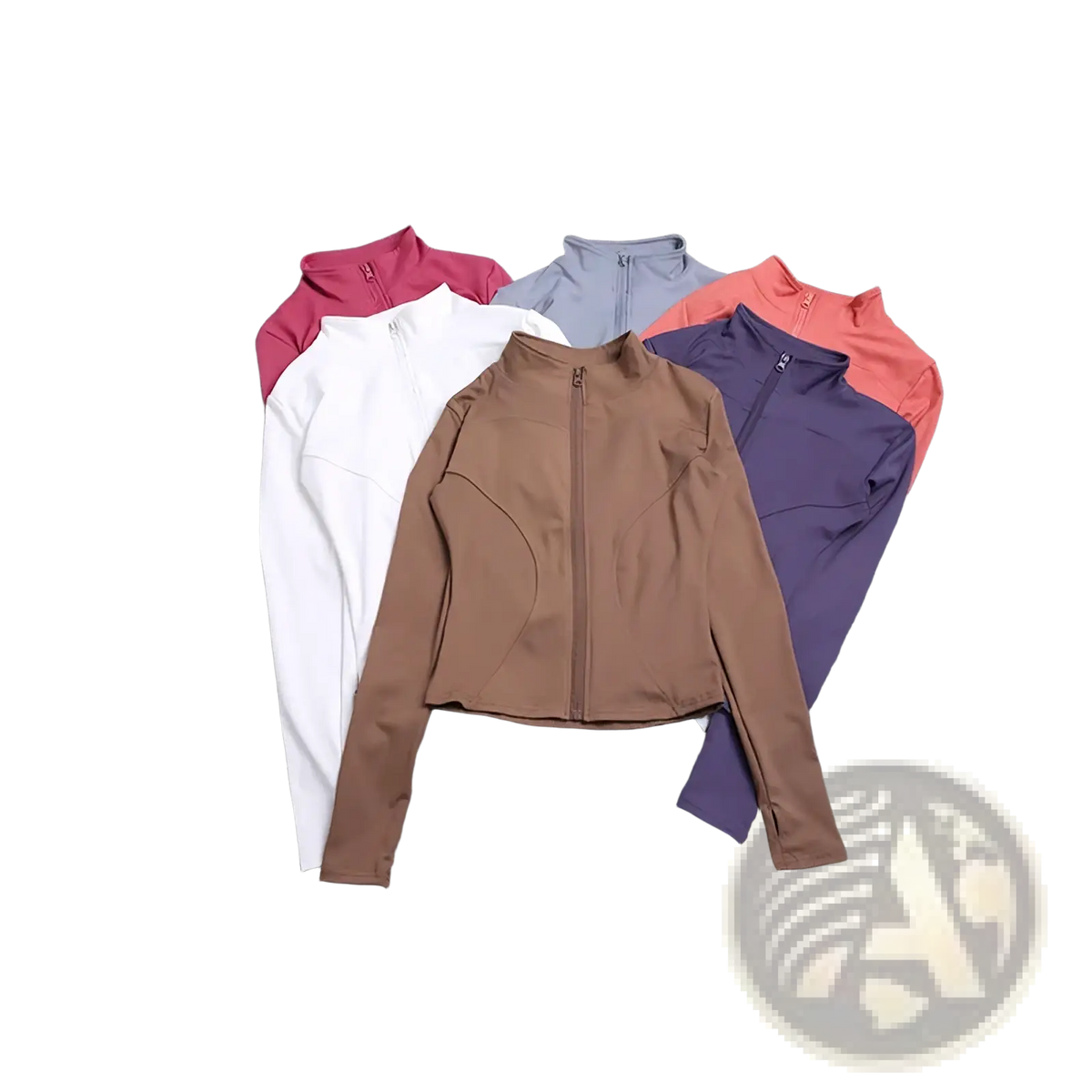 Women workout zip jacket activewear in brown with long sleeves high collar and subtle seam detailing