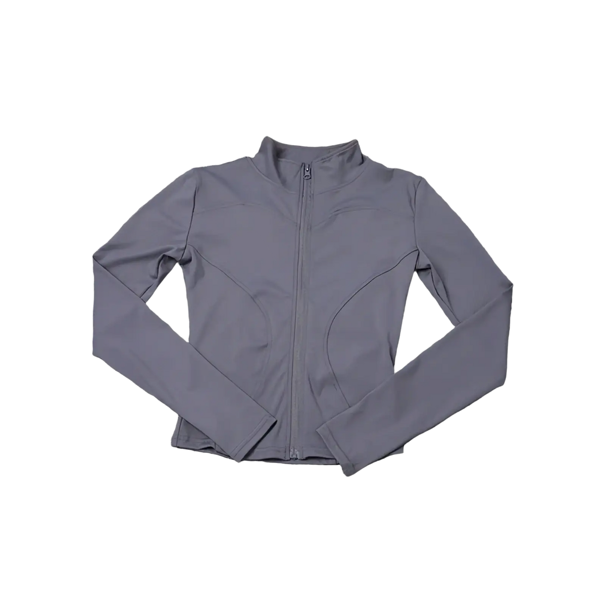 Gray long-sleeved women workout zip jacket with high collar and subtle seam detailing for activewear use