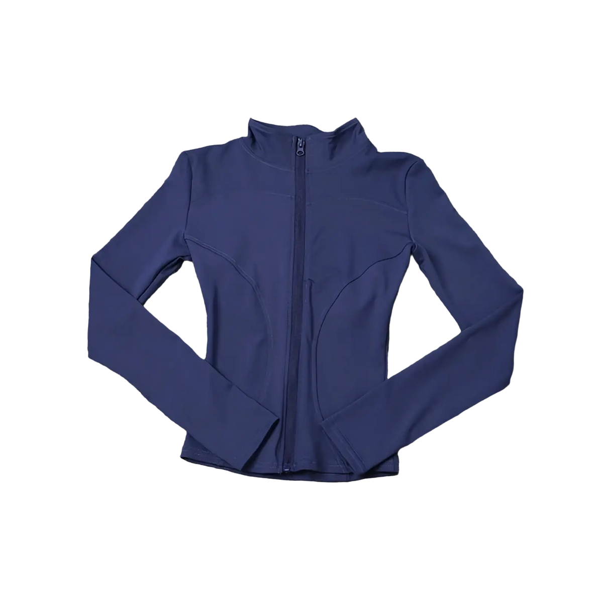 Navy blue seamless long-sleeved zip-up athletic jacket with high collar for women workout activewear