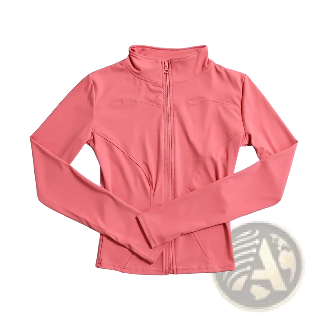 Women workout zip jacket activewear coral long-sleeved athletic jacket with high collar and subtle seam detailing