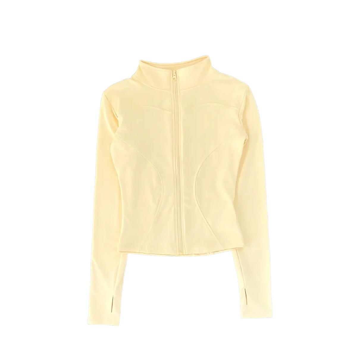 Women workout zip jacket in pale yellow with long sleeves high collar and subtle seam detailing for activewear