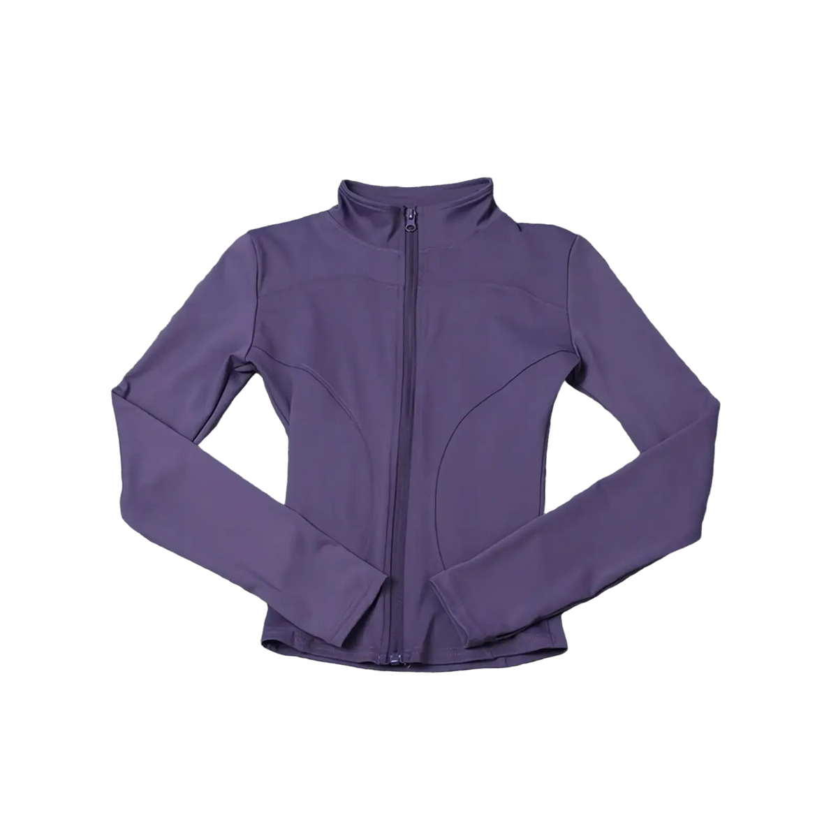 Purple long-sleeved zip-up athletic jacket with high collar and sleek form-fitting design for women workout activewear