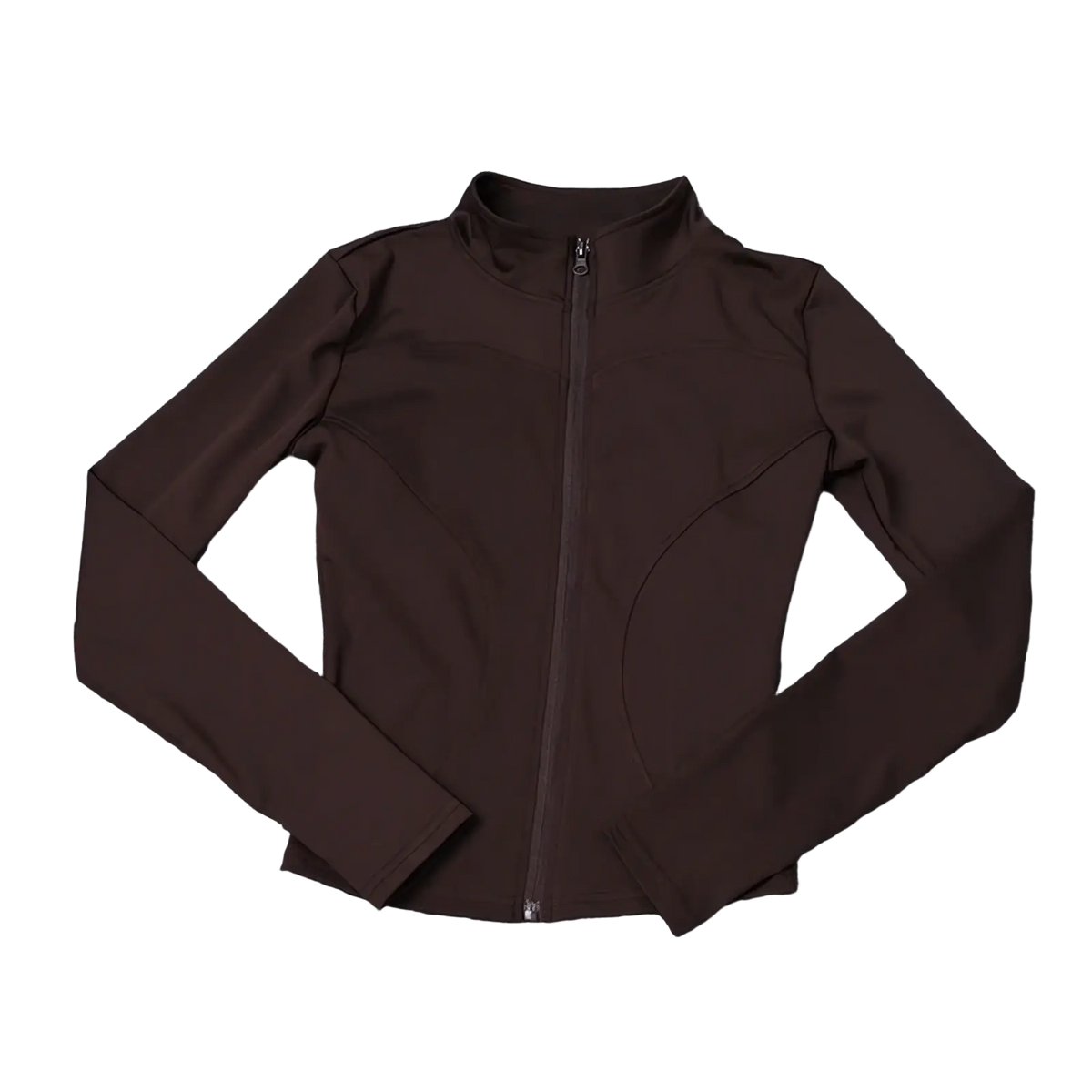Women workout zip jacket activewear in sleek dark brown with long sleeves high collar and subtle seam detailing