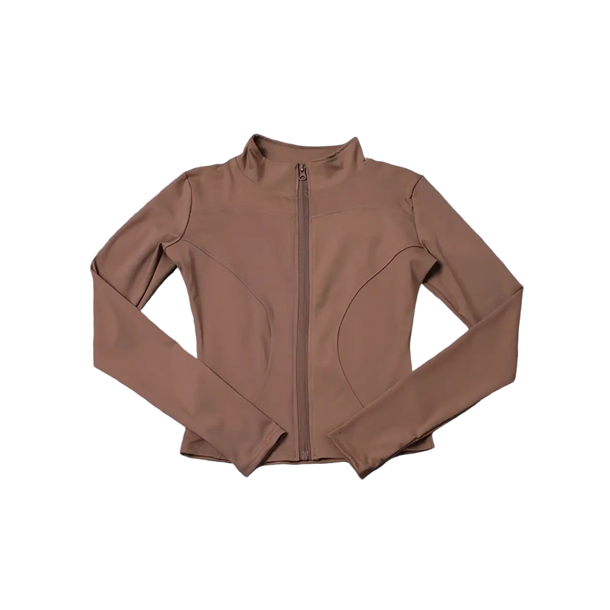 Women workout zip jacket activewear featuring a sleek long-sleeved brown athletic jacket with high collar and full zipper