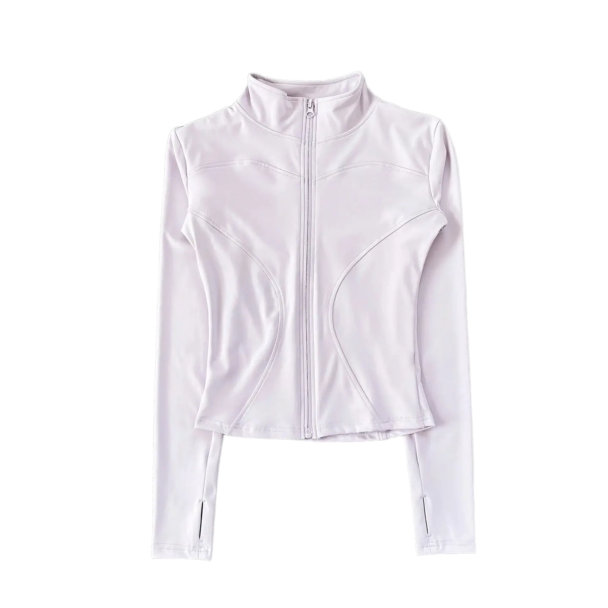 Women workout zip jacket activewear featuring a sleek white long-sleeved design with high collar and front zipper