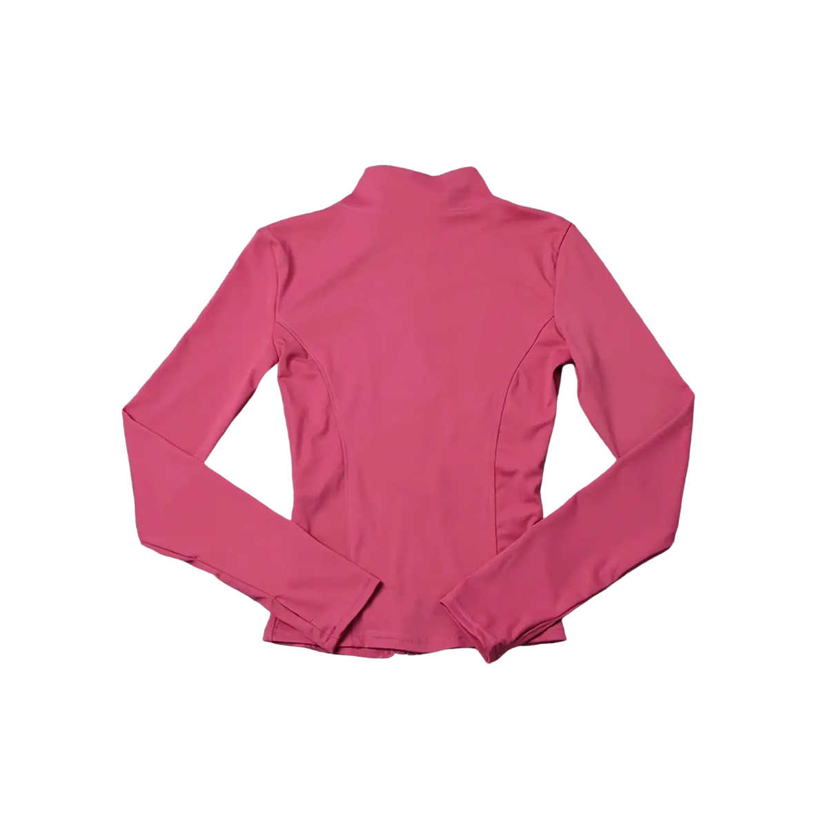 A vibrant pink long-sleeved fitted workout zip jacket with high collar for women activewear use