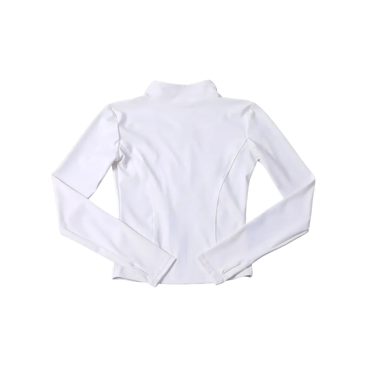 White long-sleeved high-neck form-fitting zip jacket for women workout activewear with sleek design