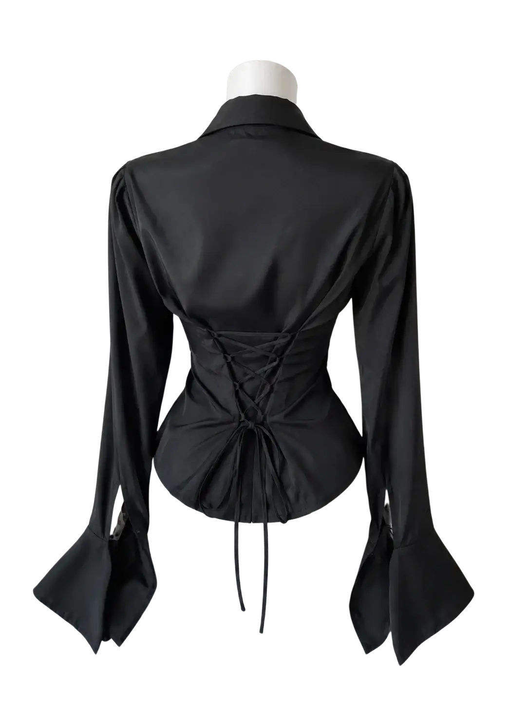 Women y2k vintage slim black satin blouse with long flared sleeves and back corset lacing detail shown from back