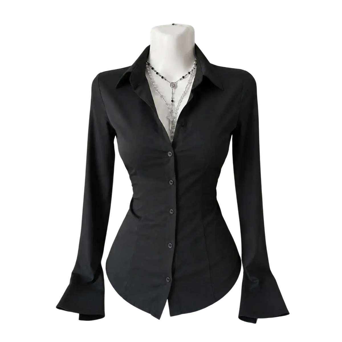 Women y2k vintage slim black long sleeve blouse with fitted silhouette and flared cuffs in a soft fabric