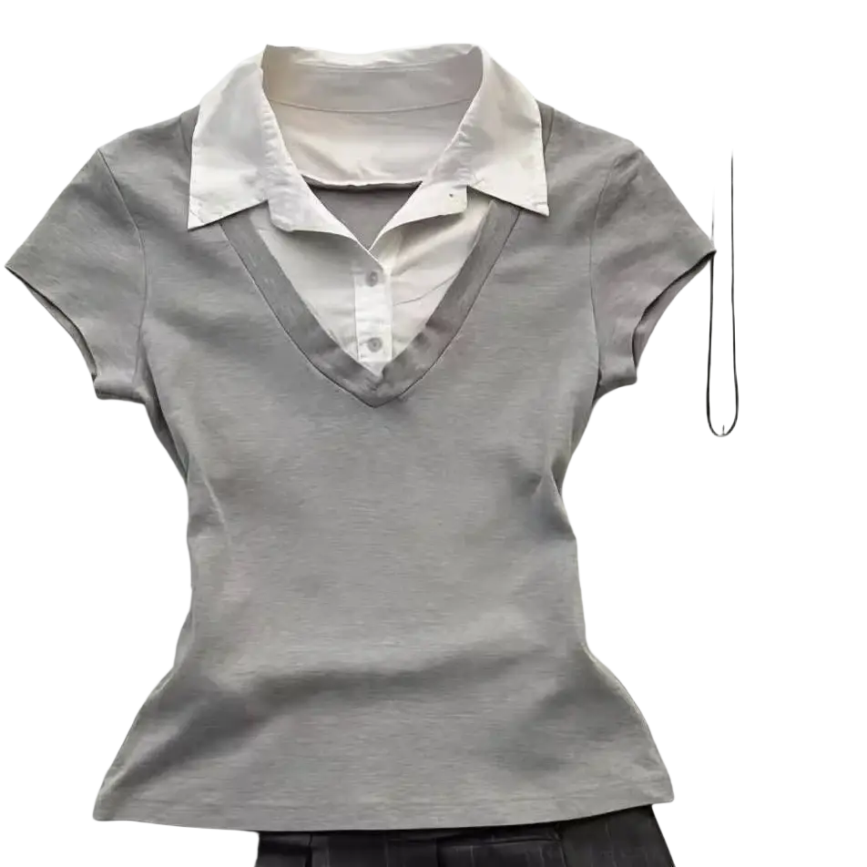Women y2k vintage slim long sleeve blouse with gray short sleeve top layered over white collared shirt and v-neckline
