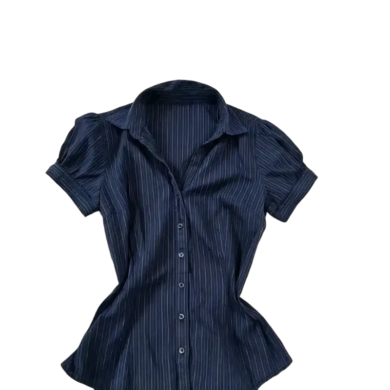 Navy blue pinstripe short-sleeved button-up shirt with collar and peplum hem in a women Y2k vintage slim blouse style