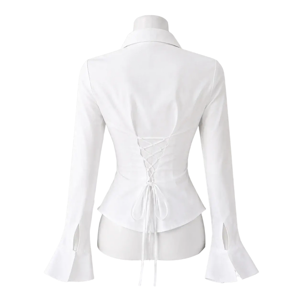 White y2k vintage slim long sleeve blouse showing the back with lace-up detail and flared cuffs in a soft fabric