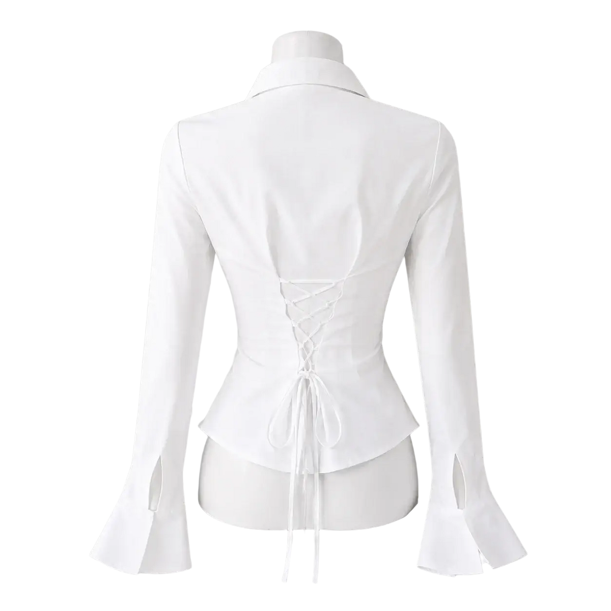 White y2k vintage slim long sleeve blouse showing the back with lace-up detail and flared cuffs in a soft fabric