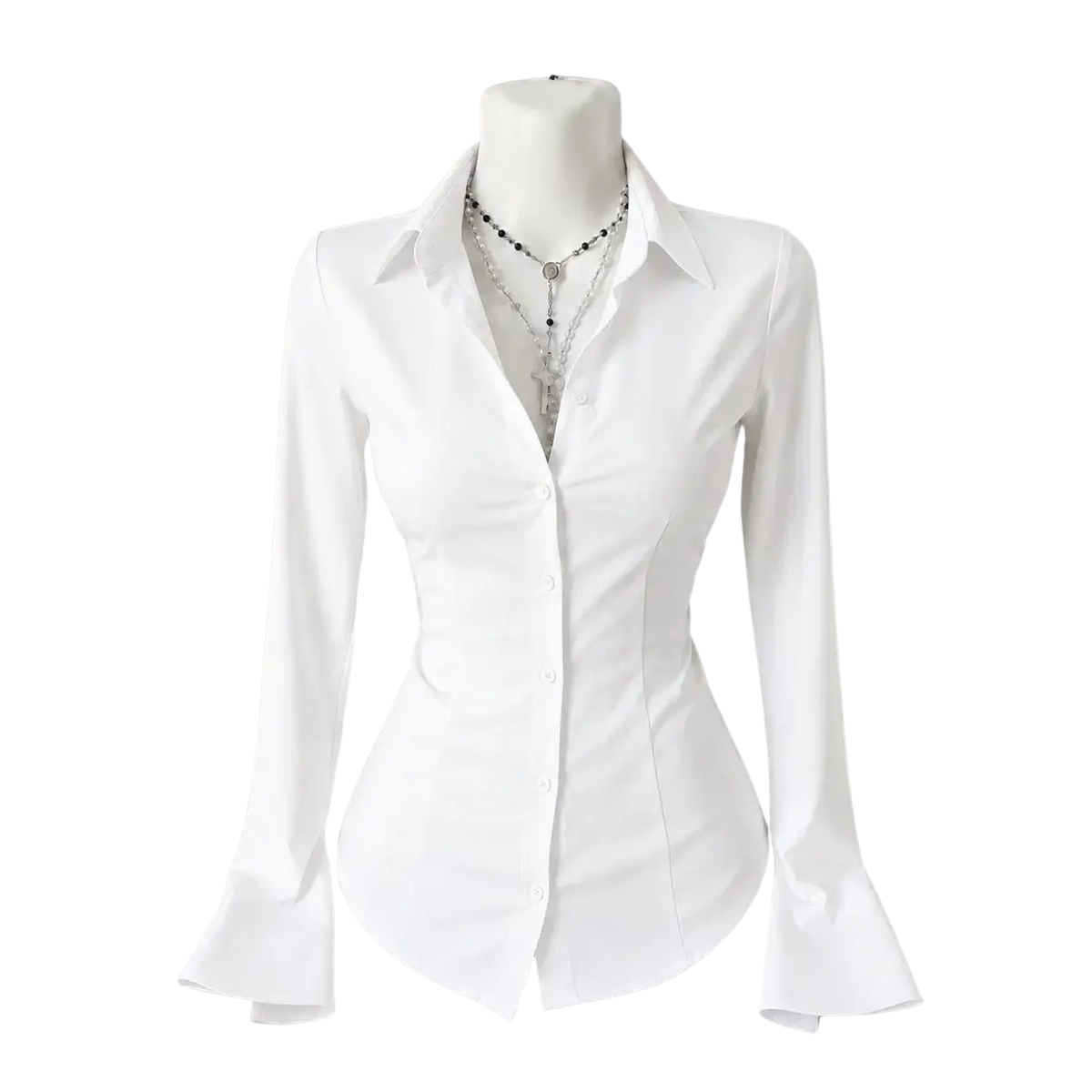 White long-sleeved women’s button-up blouse with tailored fit and flared cuffs in y2k vintage style