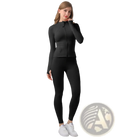 Black long-sleeved zip-up athletic top with fitted silhouette and subtle side pockets for women yoga workouts