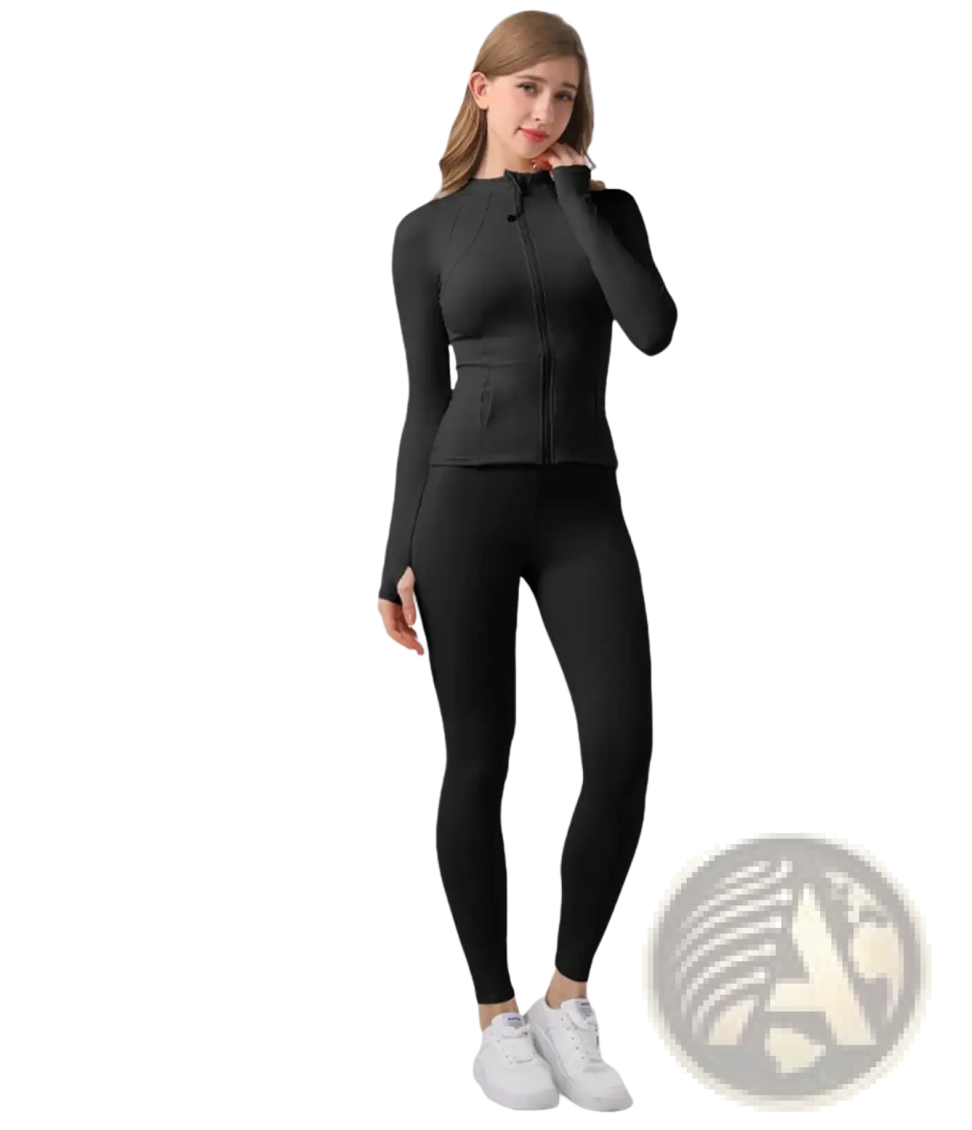 Black long-sleeved zip-up athletic top with fitted silhouette and subtle side pockets for women yoga workouts