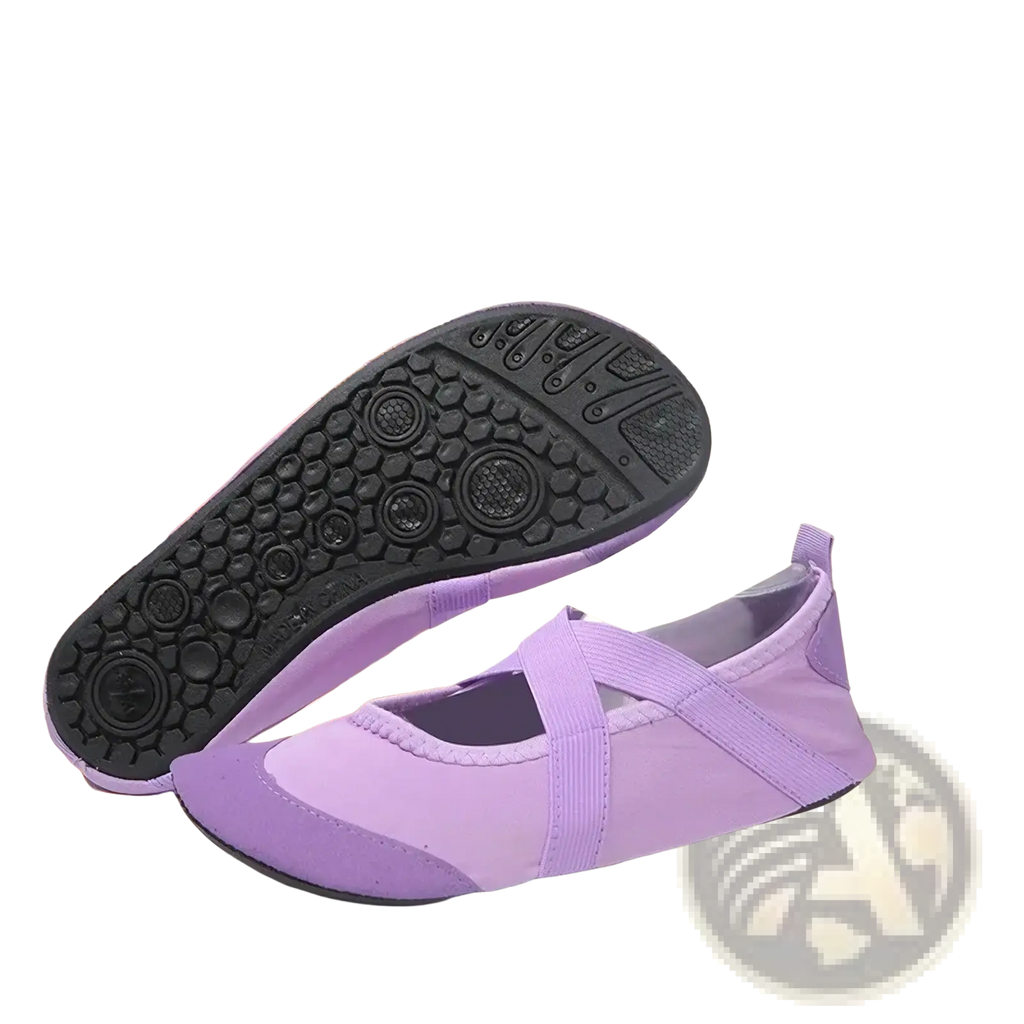 Light purple women yoga shoes with elastic straps and black rubber sole for anti-slip fitness flats