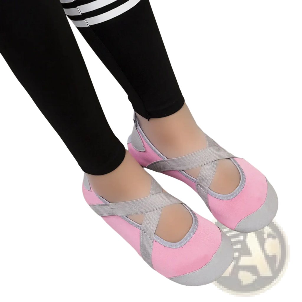 Women yoga shoes pink and gray crossover strap anti-slip fitness ballet flats designed for comfort and stability
