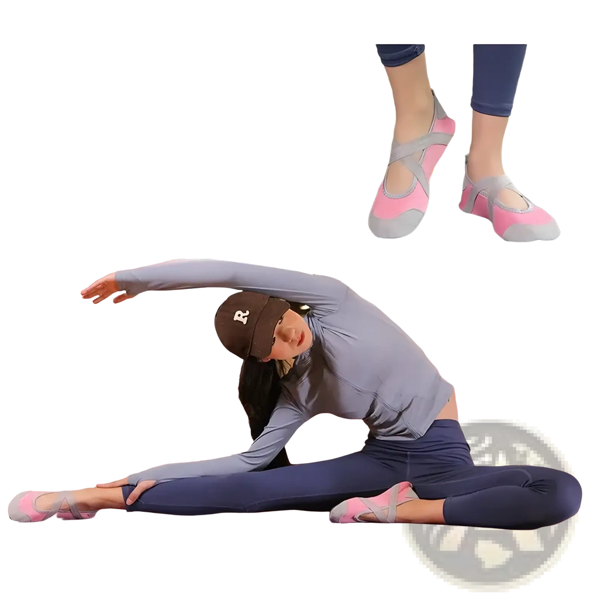 Pink and gray women yoga shoes with anti-slip fitness flats featuring lightweight elastic and soft flexible design
