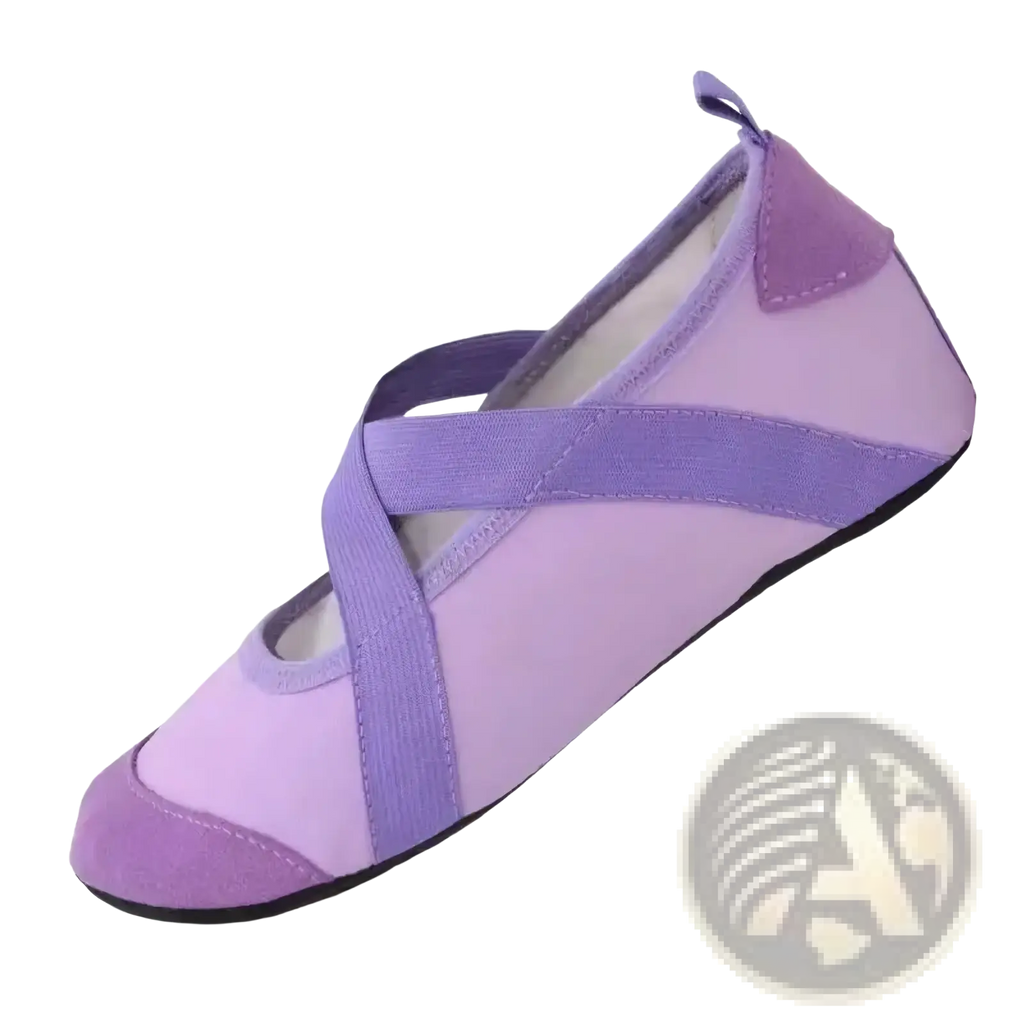 Purple canvas women yoga shoes with elastic straps and black rubber sole anti slip fitness flats
