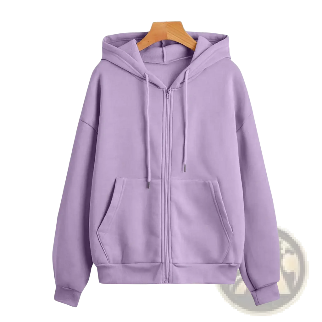 Women zip up hoodie casual cotton sweatshirt in soft lavender with hood, front pockets, and drawstrings