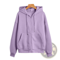 Women zip up hoodie casual cotton sweatshirt in soft lavender with hood, front pockets, and drawstrings