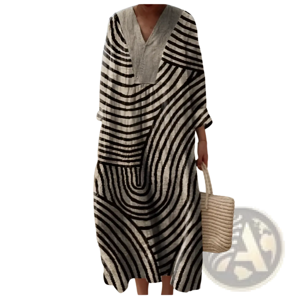 Women’s abstract v neck patterned maxi dress in flowing black and white striped fabric with three quarter sleeves