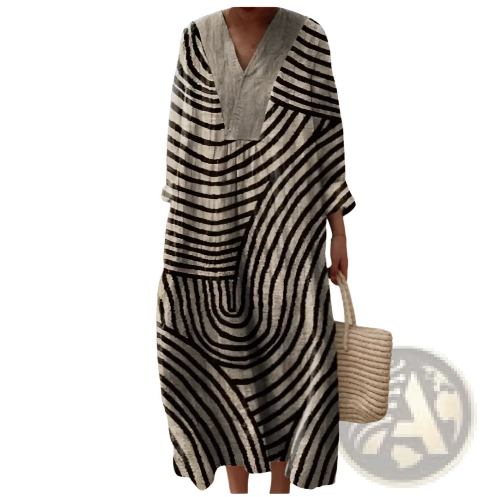 Women’s abstract v neck patterned maxi dress in flowing black and white striped fabric with three quarter sleeves
