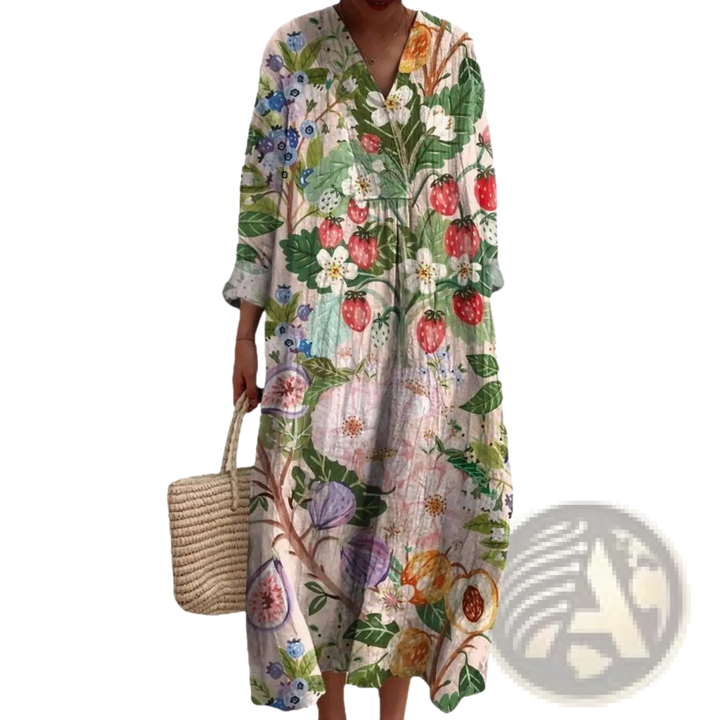 Women’s abstract v neck patterned maxi dress with long sleeves in pastel colors featuring botanical strawberry and fig prints on lightweight fabric