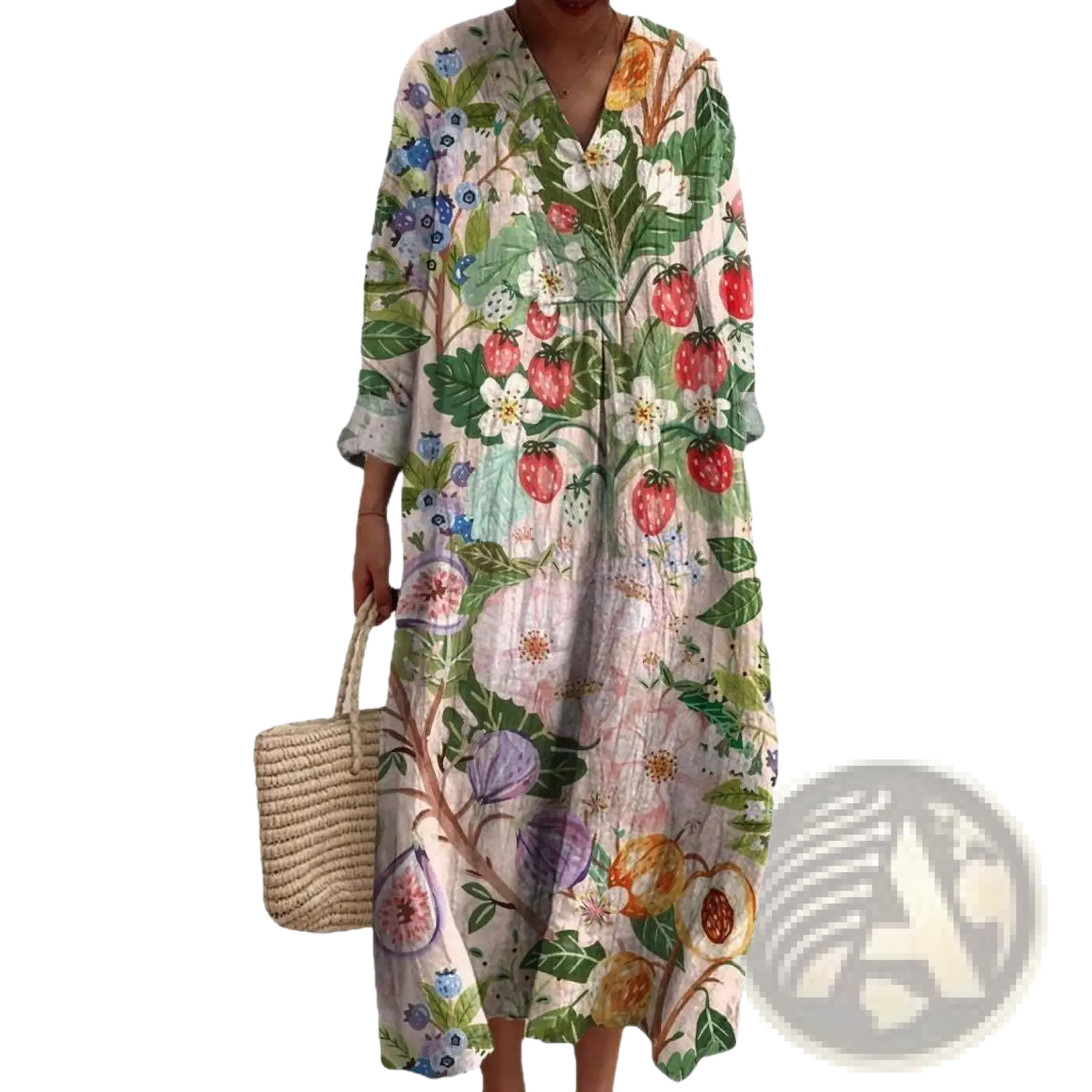 Women’s abstract v neck patterned maxi dress with long sleeves in pastel colors featuring botanical strawberry and fig prints on lightweight fabric